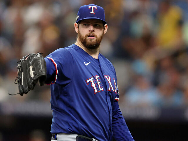 ST PETERSBURG, FLORIDA - OCTOBER 03: Jordan Montgomery #52 of the Texas Rangers reacts in the first inning against the Tampa Bay Rays during Game One of the Wild Card Series at Tropicana Field on October 03, 2023 in St Petersburg, Florida.