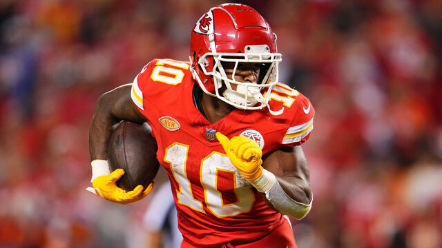KANSAS CITY, MO - OCTOBER 12: Isiah Pacheco #10 of the Kansas City Chiefs carries the ball against the Denver Broncos at GEHA Field at Arrowhead Stadium on October 12, 2023 in Kansas City, Missouri.