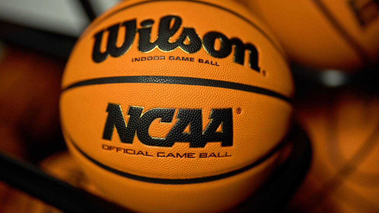 CHICAGO, IL - MARCH 09: A detail view of a Wilson basketball is seen on a rack in action during a Big Ten Tournament game between the Michigan Wolverines and the Rutgers Scarlet Knights on March 09, 2023 at the United Center, in Chicago, IL.