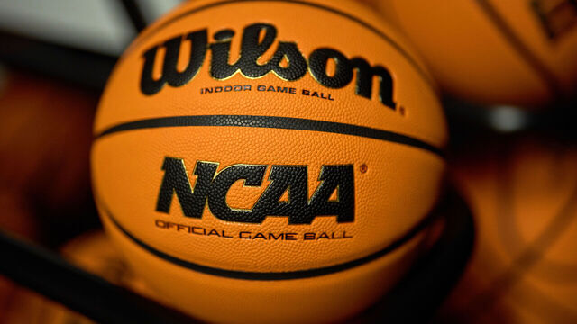 CHICAGO, IL - MARCH 09: A detail view of a Wilson basketball is seen on a rack in action during a Big Ten Tournament game between the Michigan Wolverines and the Rutgers Scarlet Knights on March 09, 2023 at the United Center, in Chicago, IL.