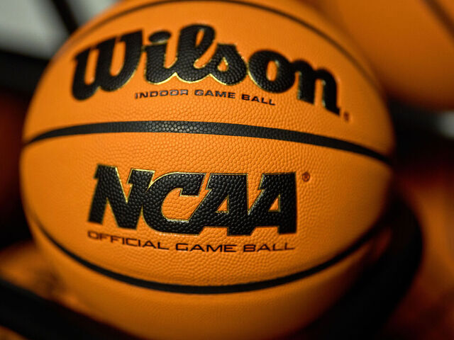 CHICAGO, IL - MARCH 09: A detail view of a Wilson basketball is seen on a rack in action during a Big Ten Tournament game between the Michigan Wolverines and the Rutgers Scarlet Knights on March 09, 2023 at the United Center, in Chicago, IL.