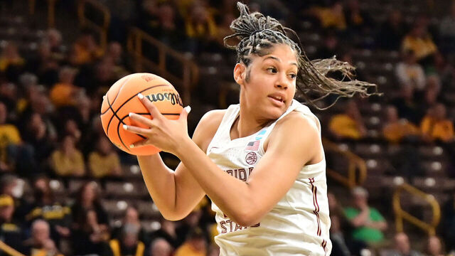 IOWA CITY, IA - MARCH 17: Florida State Seminoles guard Sara Bejedi (4) grabs a rebound during the Georgia Bulldogs versus the Florida State Seminoles game in the First Round of the NCAA Women's Basketball Championship Seattle 4 Regional on March 17, 2023, at Carver-Hawkeyke Arena in Iowa City, IA
