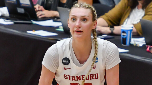 PALO ALTO, CA - MARCH 20: Stanford Cardinal forward Cameron Brink (22) gets set for a 3-point shot during the Second Round Playoffs between the Kansas Jayhawks and the Stanford Cardinal on Sunday, March 20, 2020 at Maples Pavilion in Palo Alto, California.