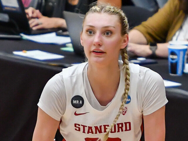 PALO ALTO, CA - MARCH 20: Stanford Cardinal forward Cameron Brink (22) gets set for a 3-point shot during the Second Round Playoffs between the Kansas Jayhawks and the Stanford Cardinal on Sunday, March 20, 2020 at Maples Pavilion in Palo Alto, California.