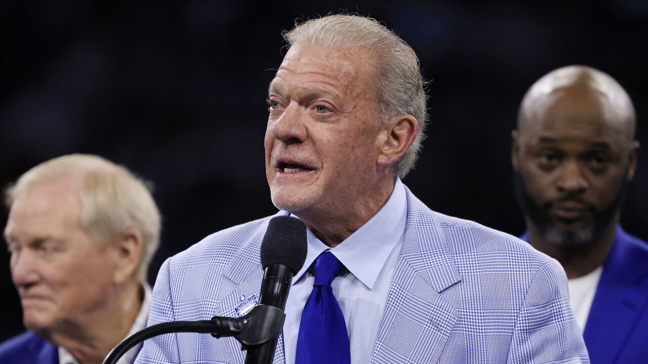 INDIANAPOLIS, INDIANA - OCTOBER 30: Indianapolis Colts owner Jim Irsay speaks during a Indianapolis Colts Ring of Honor induction ceremony during halftime of a game against the Washington Commanders at Lucas Oil Stadium on October 30, 2022 in Indianapolis, Indiana.