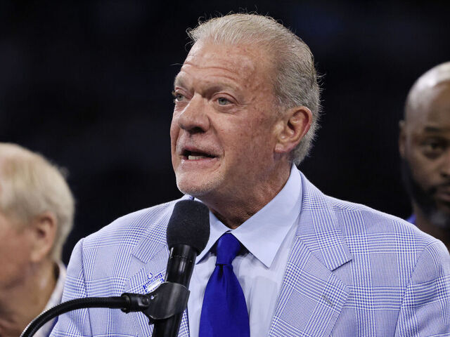 INDIANAPOLIS, INDIANA - OCTOBER 30: Indianapolis Colts owner Jim Irsay speaks during a Indianapolis Colts Ring of Honor induction ceremony during halftime of a game against the Washington Commanders at Lucas Oil Stadium on October 30, 2022 in Indianapolis, Indiana.