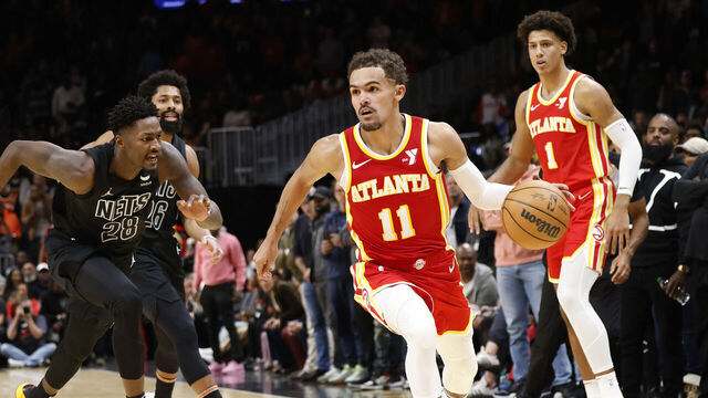 ATLANTA, GA - NOVEMBER 22: Trae Young #11 of the Atlanta Hawks drives to the basket during the game against the Brooklyn Nets on NOVEMBER 22, 2023 at State Farm Arena in Atlanta, Georgia. NOTE TO USER: User expressly acknowledges and agrees that, by downloading and/or using this Photograph, user is consenting to the terms and conditions of the Getty Images License Agreement. Mandatory Copyright Notice: Copyright 2023 NBAE