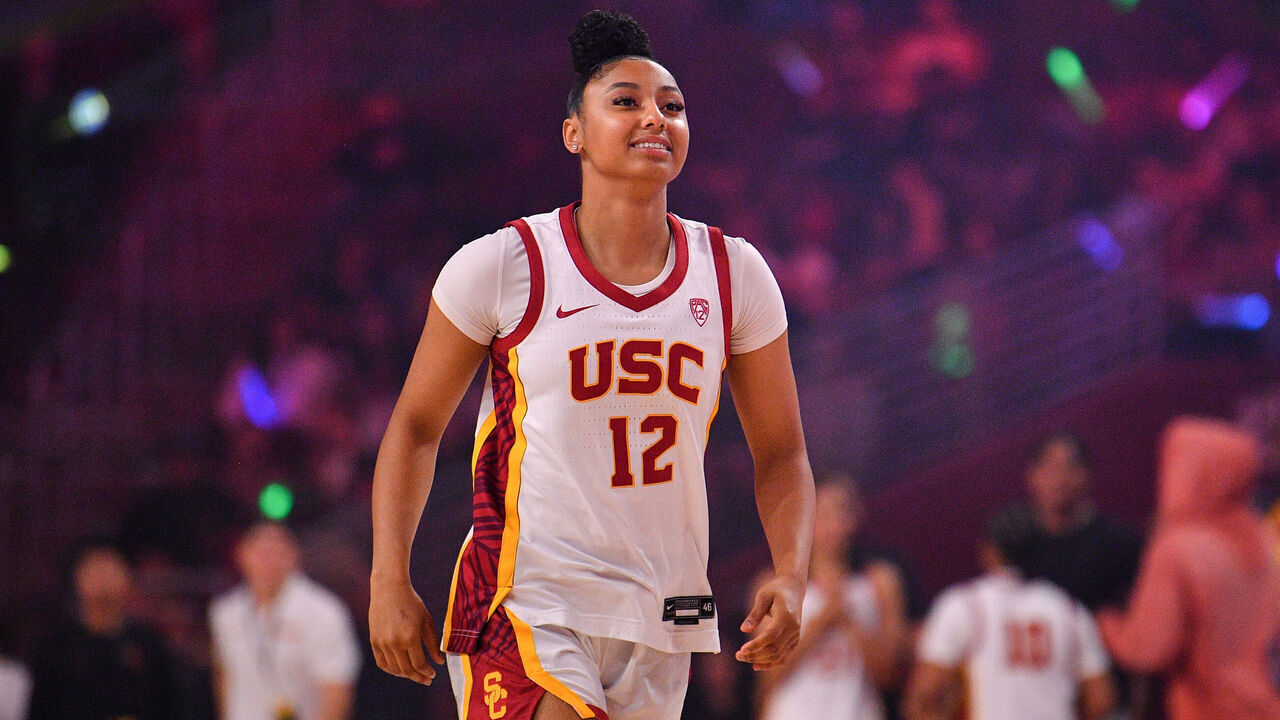 LOS ANGELES, CA - OCTOBER 19: USC Trojans guard JuJu Watkins (12) looks on during Trojan HoopLA, a college basketball kickoff event featuring the USC Trojans, on October 19, 2023 at Galen Center in Los Angeles, CA.