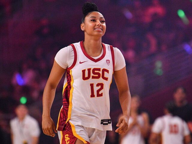 LOS ANGELES, CA - OCTOBER 19: USC Trojans guard JuJu Watkins (12) looks on during Trojan HoopLA, a college basketball kickoff event featuring the USC Trojans, on October 19, 2023 at Galen Center in Los Angeles, CA.