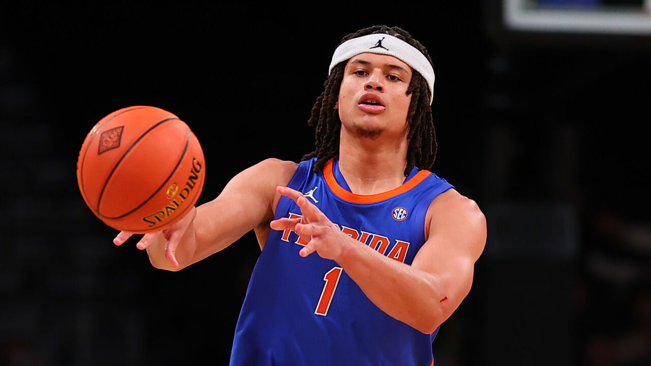 BROOKLYN, NY - NOVEMBER 22: Walter Clayton Jr. #1 of the Florida Gators during the second half of the NIT Season Tip Off college basketball game against the Pittsburgh Panthers on November 22, 2023 at the Barclays Center in Brooklyn, New York.
