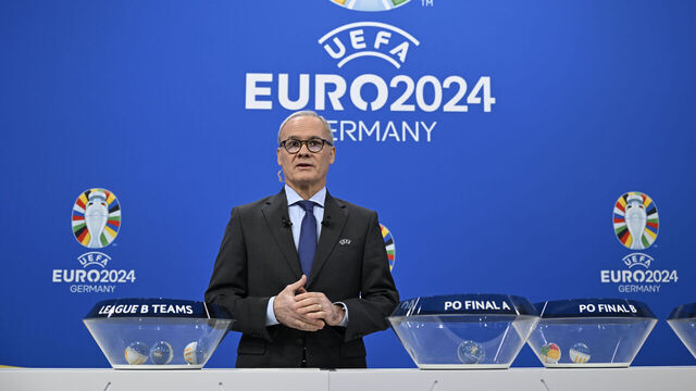 NYON, SWITZERLAND - NOVEMBER 23: UEFA Deputy General Secretary Giorgio Marchetti on stage during the UEFA EURO 2024 Play-offs Draw at the UEFA Headquarters, The House of the European Football, on November 23,2023, in Nyon, Switzerland.
