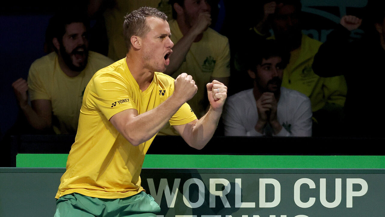 MALAGA, SPAIN - NOVEMBER 22: Captain Lleyton Hewitt of Australia reacts during the Davis Cup Quarter Final match between Alex De Minaur of Australia and Jiri Lehecka of Czechia at Palacio de Deportes Jose Maria Martin Carpena on November 22, 2023 in Malaga, Spain.