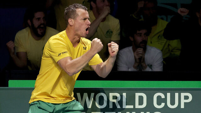 MALAGA, SPAIN - NOVEMBER 22: Captain Lleyton Hewitt of Australia reacts during the Davis Cup Quarter Final match between Alex De Minaur of Australia and Jiri Lehecka of Czechia at Palacio de Deportes Jose Maria Martin Carpena on November 22, 2023 in Malaga, Spain.