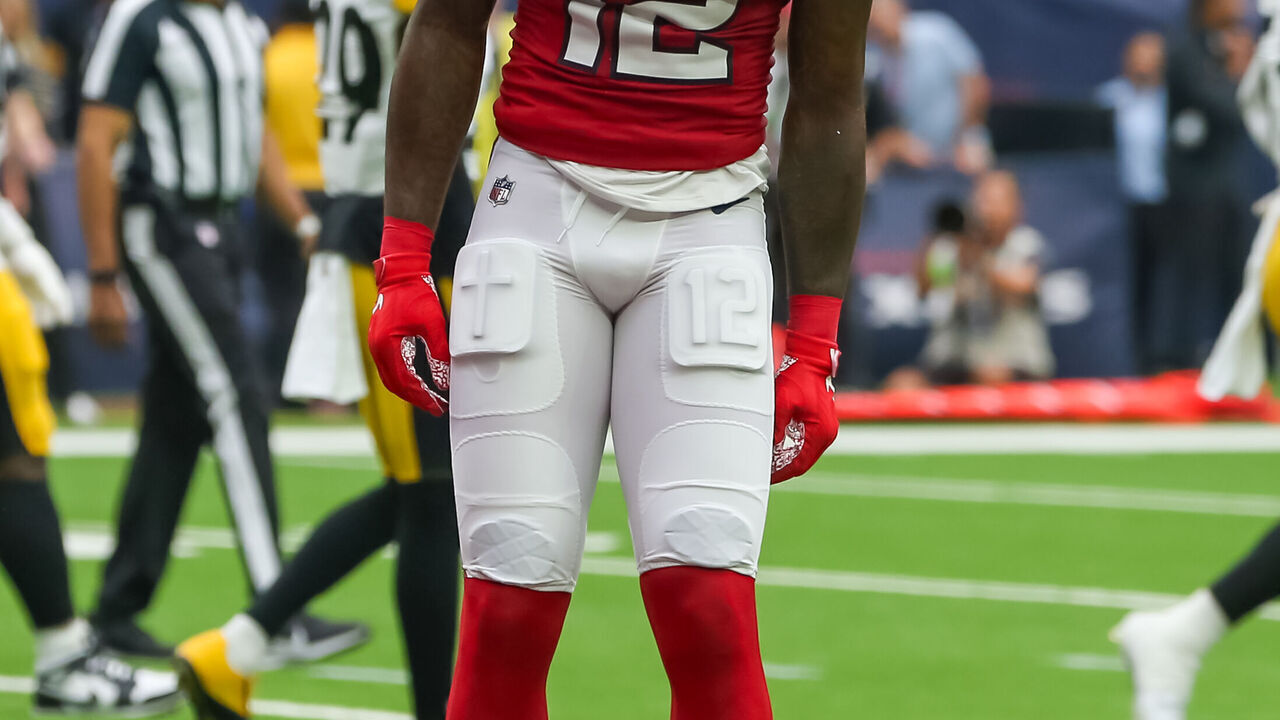 HOUSTON, TX - OCTOBER 01: Houston Texans wide receiver Nico Collins (12) celebrates his touchdown in the first quarter during the NFL game between the Pittsburgh Steelers and Houston Texans on October 1, 2023 at NRG Stadium in Houston, Texas.