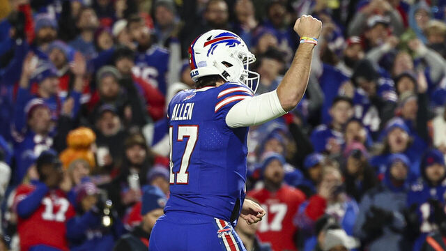 ORCHARD PARK, NY - NOVEMBER 13: Josh Allen #17 of the Buffalo Bills celebrates during an NFL football game against the Denver Broncos at Highmark Stadium on November 13, 2023 in Orchard Park, New York.