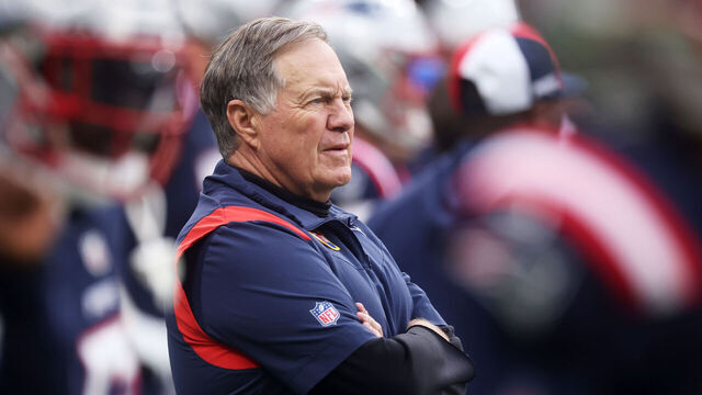 FRANKFURT AM MAIN, GERMANY - NOVEMBER 12: Bill Belichick, Head Coach of the New England Patriots, looks on during the NFL match between Indianapolis Colts and New England Patriots at Deutsche Bank Park on November 12, 2023 in Frankfurt am Main, Germany.