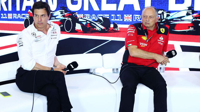 NORTHAMPTON, ENGLAND - JULY 07: Mercedes GP Executive Director Toto Wolff, Ferrari Team Principal Frederic Vasseur and Director of Pirelli F1 Mario Isola attend the Team Principals Press Conference during practice ahead of the F1 Grand Prix of Great Britain at Silverstone Circuit on July 07, 2023 in Northampton, England.