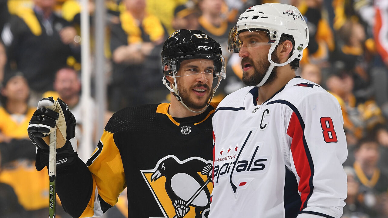 PITTSBURGH, PA - MAY 01: Sidney Crosby #87 of the Pittsburgh Penguins looks on alongside Alex Ovechkin #8 of the Washington Capitals in Game Three of the Eastern Conference Second Round during the 2018 NHL Stanley Cup Playoffs at PPG Paints Arena on May 1, 2018 in Pittsburgh, Pennsylvania. *** Local Caption ***