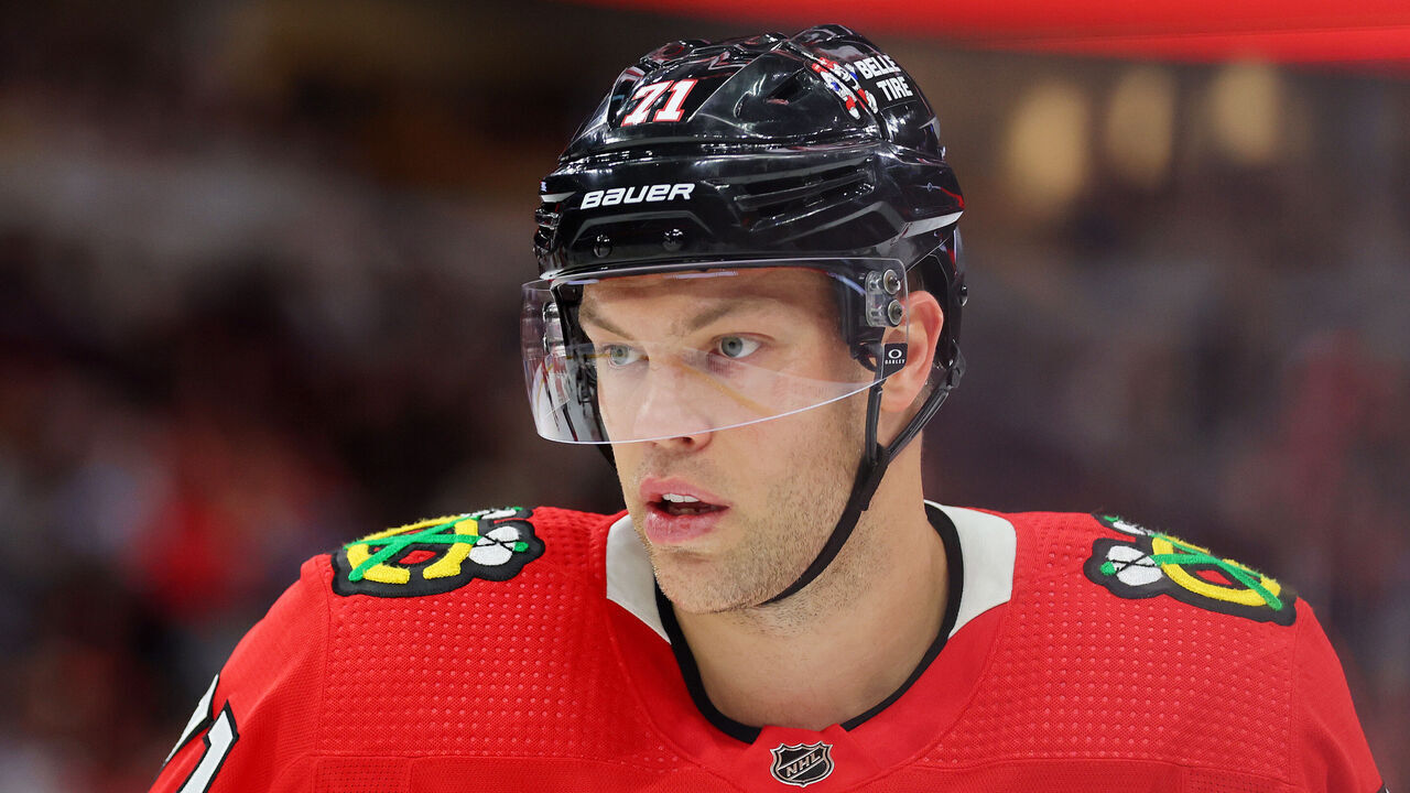 CHICAGO, ILLINOIS - NOVEMBER 05: Taylor Hall #71 of the Chicago Blackhawks looks on against the New Jersey Devils during the first period at the United Center on November 05, 2023 in Chicago, Illinois.