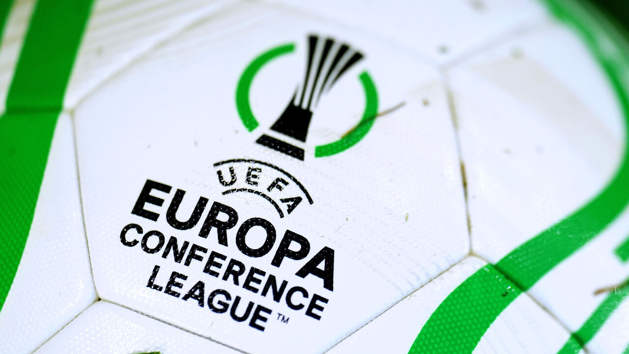 A general view of the UEFA Europa Conference League logo on a ball ahead of the UEFA Europa Conference League quarter-final second leg match at the London Stadium, London. Picture date: Thursday April 20, 2023.