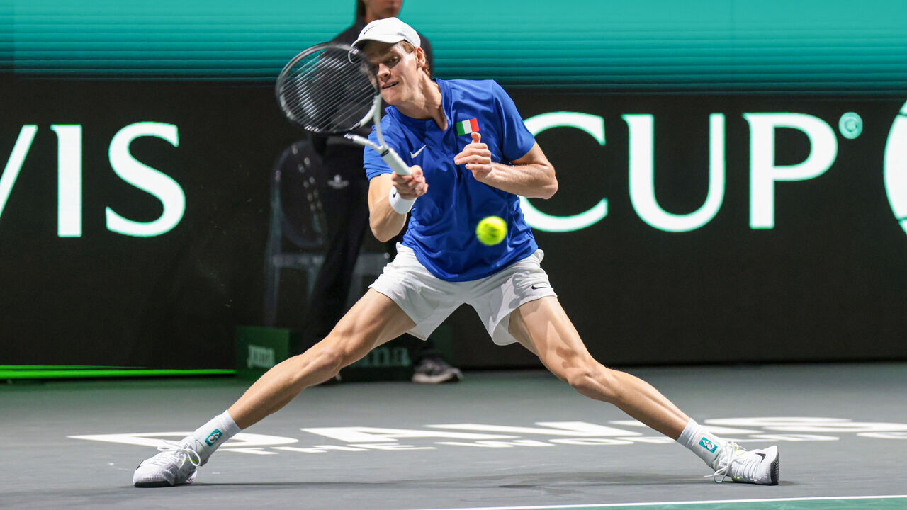 Jannik Sinner of Italy is playing a forehand during the quarterfinal match against Tallon Griekspoor of the Netherlands at the Davis Cup in Malaga, Spain, on November 23, 2023. (Photos by Jose Luis Contreras/DAX Images/NurPhoto via Getty Images)