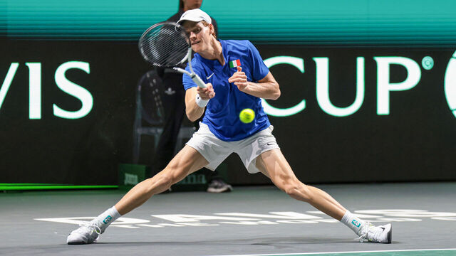 Jannik Sinner of Italy is playing a forehand during the quarterfinal match against Tallon Griekspoor of the Netherlands at the Davis Cup in Malaga, Spain, on November 23, 2023. (Photos by Jose Luis Contreras/DAX Images/NurPhoto via Getty Images)