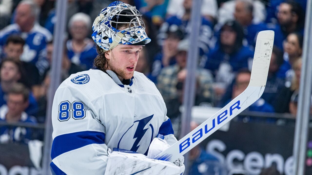 TORONTO, ON - APRIL 27: Tampa Bay Lightning Goalie Andrei Vasilevskiy (88) reacts during the Round 1 NHL Stanley Cup Playoffs Game 5 between the Tampa Bay Lightning and the Toronto Maple Leafs on April 27, 2023, at Scotiabank Arena in Toronto, ON, Canada.