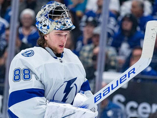 TORONTO, ON - APRIL 27: Tampa Bay Lightning Goalie Andrei Vasilevskiy (88) reacts during the Round 1 NHL Stanley Cup Playoffs Game 5 between the Tampa Bay Lightning and the Toronto Maple Leafs on April 27, 2023, at Scotiabank Arena in Toronto, ON, Canada.
