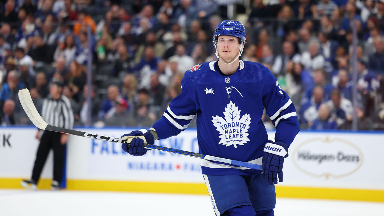 TORONTO, ON - NOVEMBER 06: Toronto Maple Leafs defenseman John Klingberg (3) catches his breath after the whistle in the second period during the NHL regular season game between the Tampa Bay Lightning and the Toronto Maple Leafs on November 06, 2023 at Scotiabank Arena in Toronto, ON.