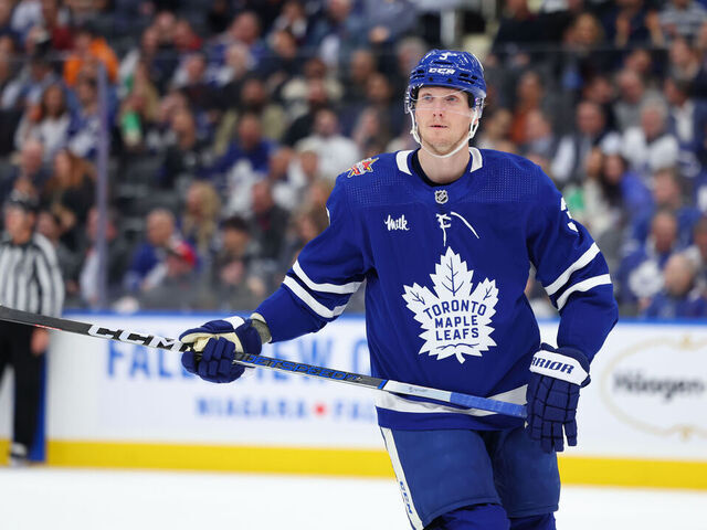 TORONTO, ON - NOVEMBER 06: Toronto Maple Leafs defenseman John Klingberg (3) catches his breath after the whistle in the second period during the NHL regular season game between the Tampa Bay Lightning and the Toronto Maple Leafs on November 06, 2023 at Scotiabank Arena in Toronto, ON.