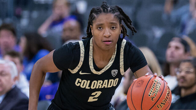 LAS VEGAS, NEVADA - NOVEMBER 6: Tameiya Sadler #2 of the Colorado Buffaloes brings the ball up court during the game against the LSU Lady Tigers in the Naismith Hall of Fame Series at T-Mobile Arena on November 6, 2023 in Las Vegas, Nevada.