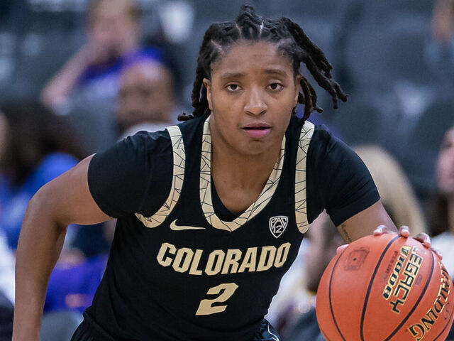 LAS VEGAS, NEVADA - NOVEMBER 6: Tameiya Sadler #2 of the Colorado Buffaloes brings the ball up court during the game against the LSU Lady Tigers in the Naismith Hall of Fame Series at T-Mobile Arena on November 6, 2023 in Las Vegas, Nevada.
