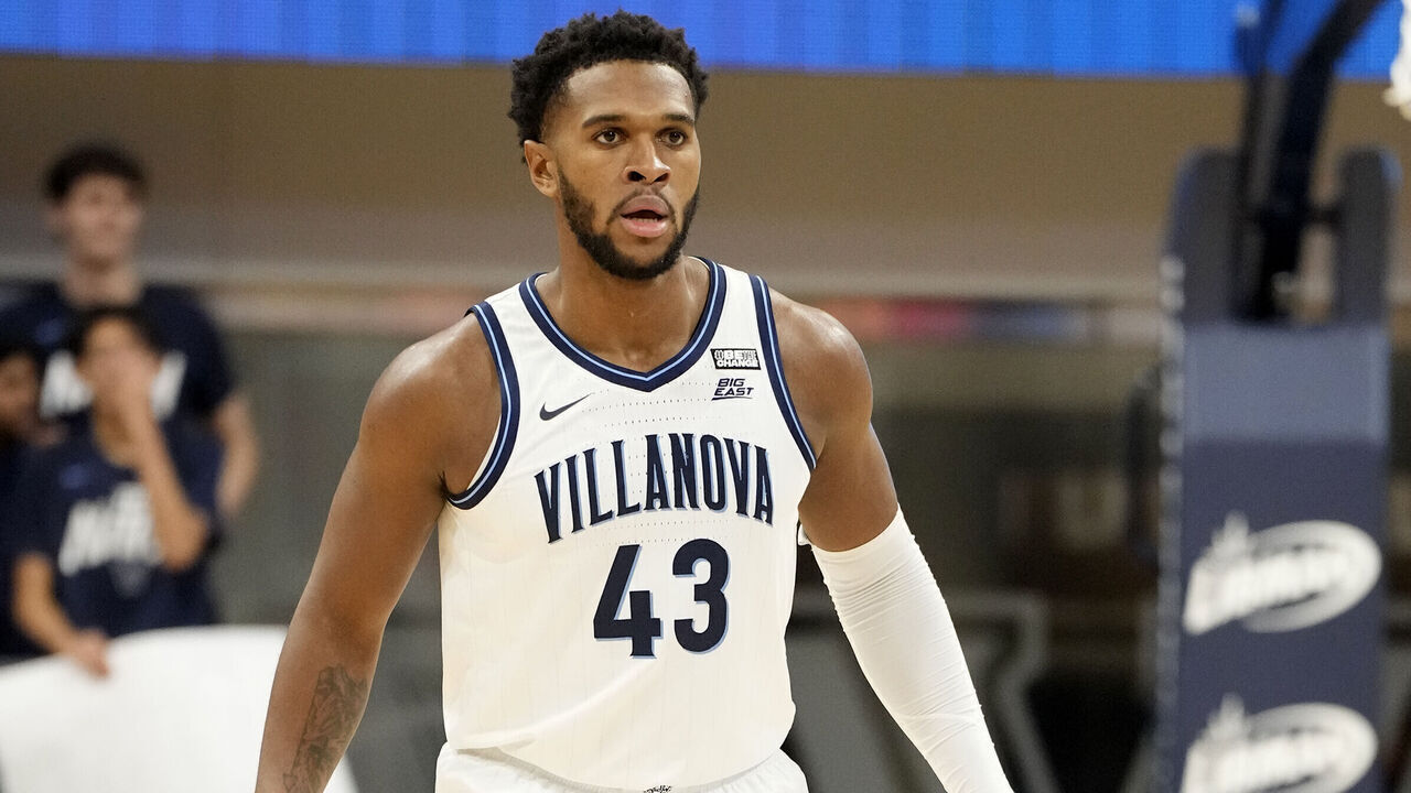 VILLANOVA, PA - NOVEMBER 06: Eric Dixon #43 of the Villanova Wildcats looks on during a college basketball game against the American University Eagles at Finnegan Fieldhouse Pavilion on November 6, 2023 in Villanova, Pennsylvania.