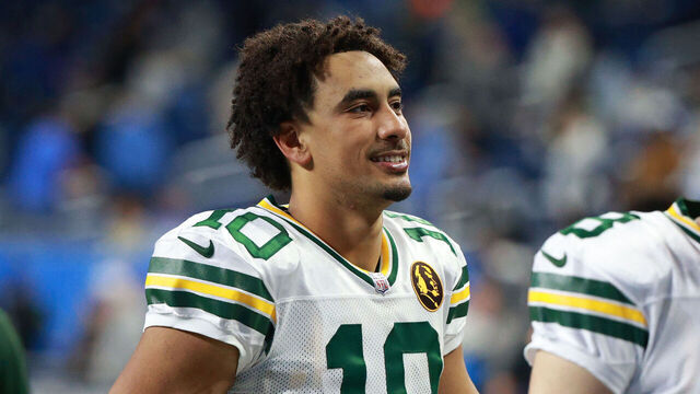 Green Bay Packers quarterback Jordan Love (10) walks off the field after the conclusion of an NFL football game between the Green Bay Packers and the Detroit Lions in Detroit, Michigan USA, on Thursday, November 23, 2023.