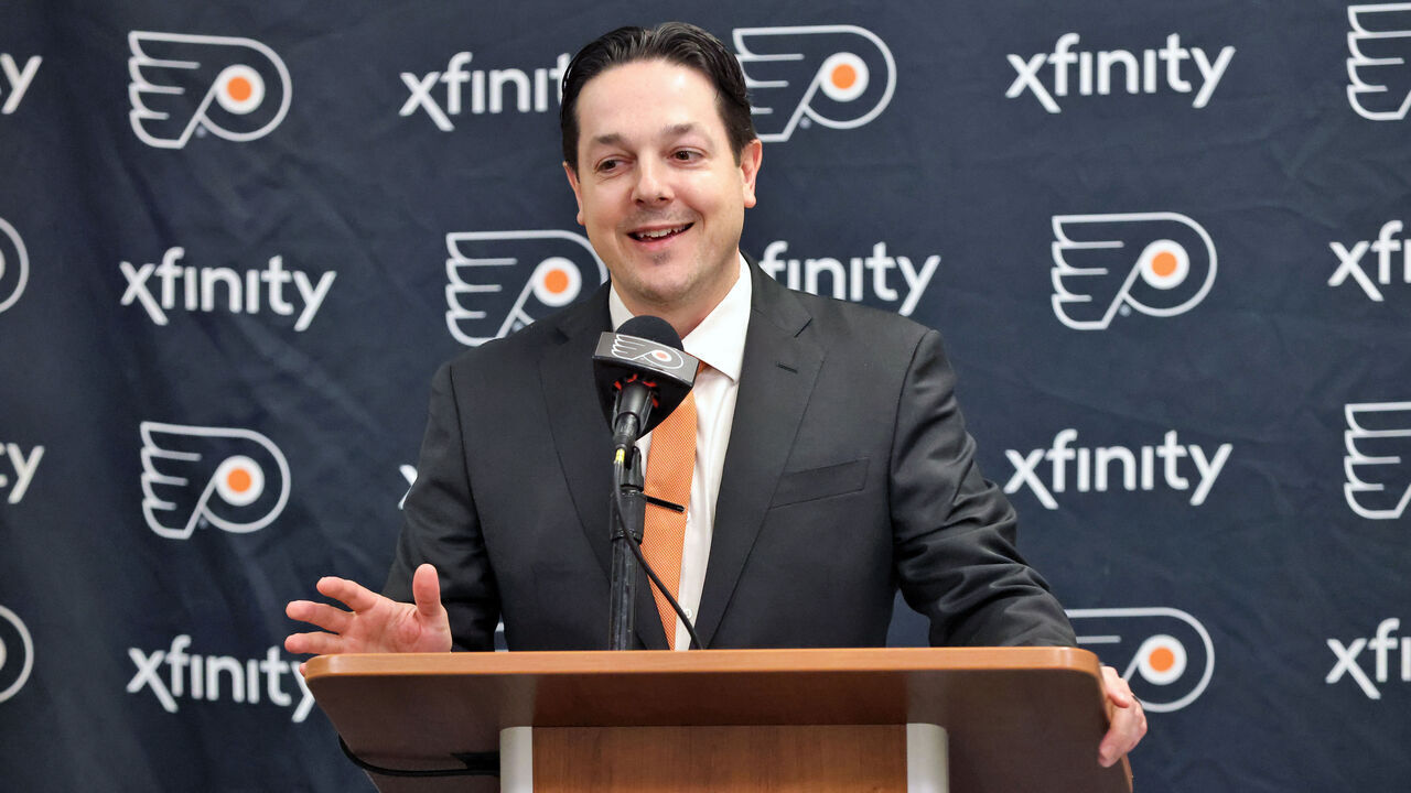 PHILADELPHIA, PENNSYLVANIA - OCTOBER 28: General Manager Daniel Briere of the Philadelphia Flyers speaks during a pregame ceremony honoring former Flyer Public Relations Director Zack Hill prior to an NHL game against the Anaheim Ducks at the Wells Fargo Center on October 28, 2023 in Philadelphia, Pennsylvania.