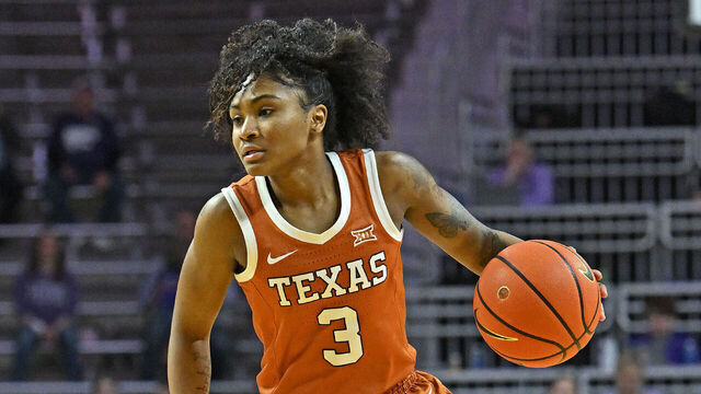 MANHATTAN, KS - MARCH 4: Rori Harmon #3 of the Texas Longhorns dribbles the ball up court in the first half of the gameagainst the Kansas State Wildcats at Bramlage Coliseum on March 4, 2023 in Manhattan, Kansas.