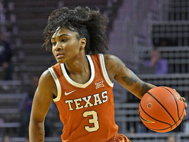 MANHATTAN, KS - MARCH 4: Rori Harmon #3 of the Texas Longhorns dribbles the ball up court in the first half of the gameagainst the Kansas State Wildcats at Bramlage Coliseum on March 4, 2023 in Manhattan, Kansas.