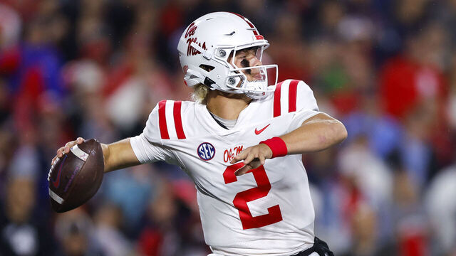 ATHENS, GEORGIA - NOVEMBER 11: Jaxson Dart #2 of the Mississippi Rebels drops back to pass during the first quarter against the Georgia Bulldogs at Sanford Stadium on November 11, 2023 in Athens, Georgia.