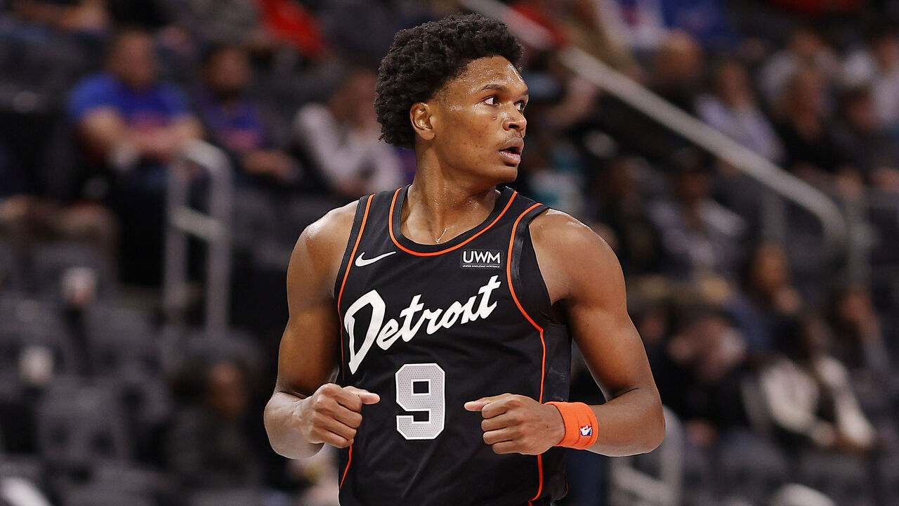 DETROIT, MICHIGAN - NOVEMBER 10: Ausar Thompson #9 of the Detroit Pistons runs up the court in the fourth quarter of a game against the Philadelphia 76ers at Little Caesars Arena on November 10, 2023 in Detroit, Michigan.