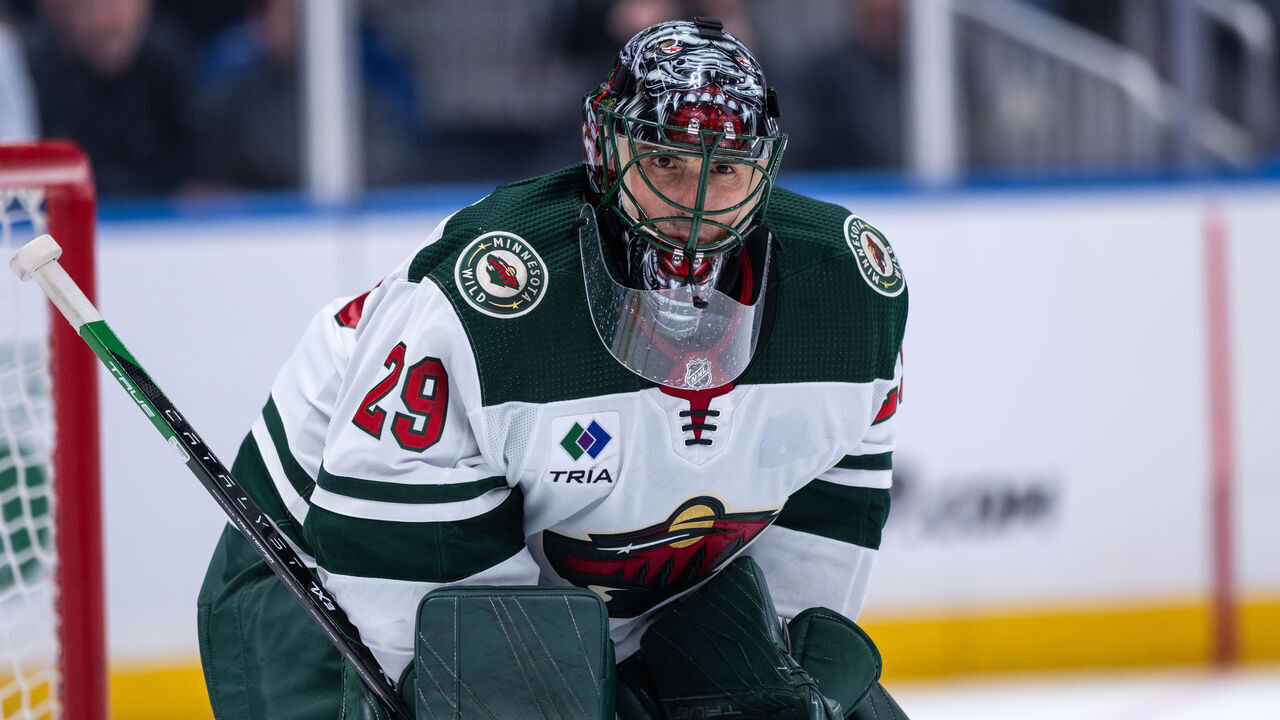 ELMONT, NEW YORK - NOVEMBER 07: Marc-Andre Fleury #29 of the Minnesota Wild looks on during the third period in a game against the New York Islanders at UBS Arena on November 07, 2023 in Elmont, New York.