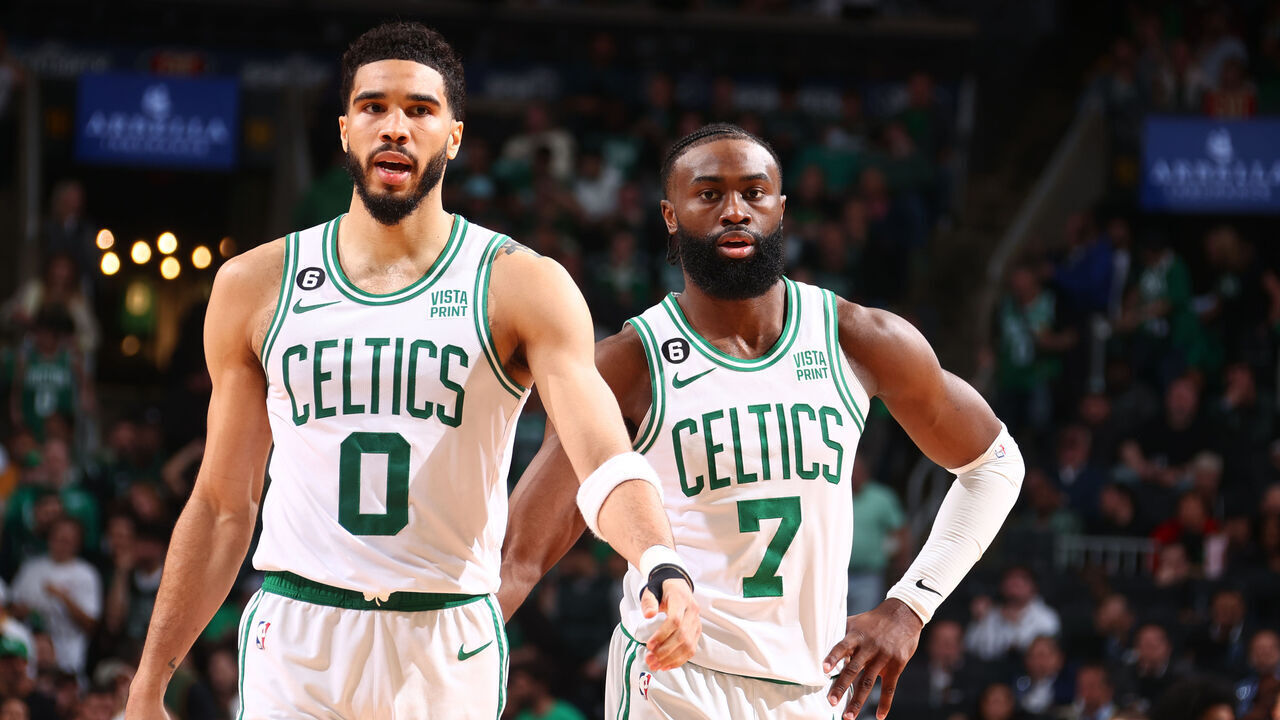 BOSTON, MA - MAY 19: Jayson Tatum #0 and Jaylen Brown #7 of the Boston Celtics look on during Game Two of the Eastern Conference Finals against the Miami Heat on May 19, 2023 at the TD Garden in Boston, Massachusetts. Mandatory Copyright Notice: Copyright 2023 NBAE