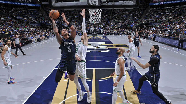 ORLANDO, FL - NOVEMBER 24: Paolo Banchero #5 of the Orlando Magic drives to the basket during the game against the Boston Celtics on November 24, 2023 at Amway Center in Orlando, Florida. Mandatory Copyright Notice: Copyright 2023 NBAE