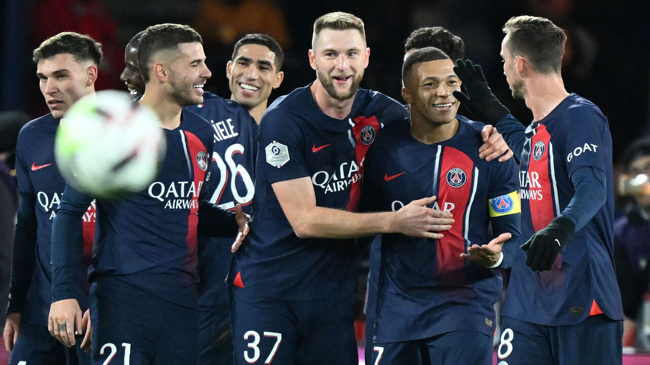 PARIS, FRANCE - NOVEMBER 24: Kylian Mbappe (2nd R) of Paris Saint - Germain celebrates with his team mates after scoring during the French Ligue 1 (L1) soccer match between Paris Saint-Germain (PSG) and AS Monaco at Parc des Princes stadium in Paris, France on November 24, 2023.