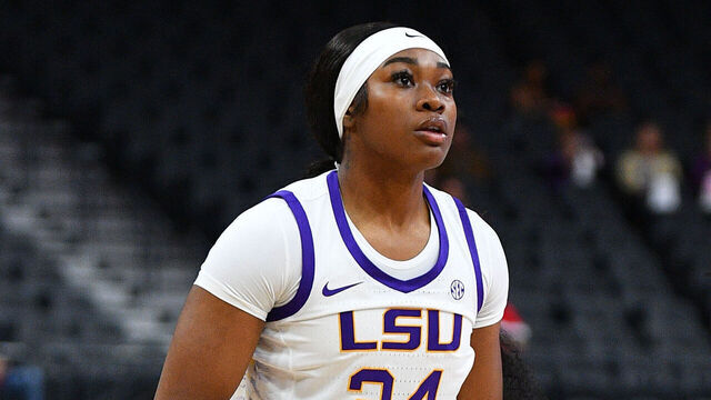 LAS VEGAS, NV - NOVEMBER 06: LSU Tigers guard Aneesah Morrow (24) looks on during the Hall of Fame Series, a women's college basketball game between the LSU Tigers and the Colorado Buffaloes on November 6, 2023 at T-Mobile Arena in Las Vegas, NV.