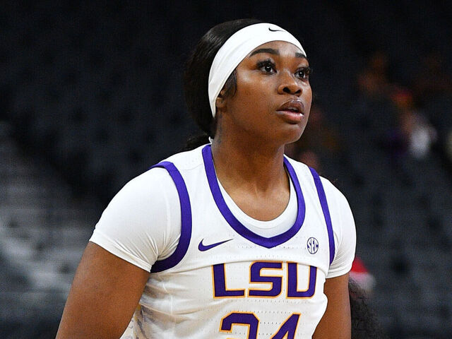 LAS VEGAS, NV - NOVEMBER 06: LSU Tigers guard Aneesah Morrow (24) looks on during the Hall of Fame Series, a women's college basketball game between the LSU Tigers and the Colorado Buffaloes on November 6, 2023 at T-Mobile Arena in Las Vegas, NV.