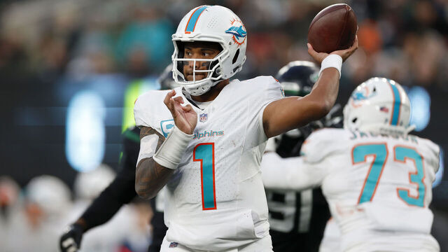EAST RUTHERFORD, NEW JERSEY - NOVEMBER 24: Tua Tagovailoa #1 of the Miami Dolphins throws a pass against the New York Jets during the second quarter in the game at MetLife Stadium on November 24, 2023 in East Rutherford, New Jersey.
