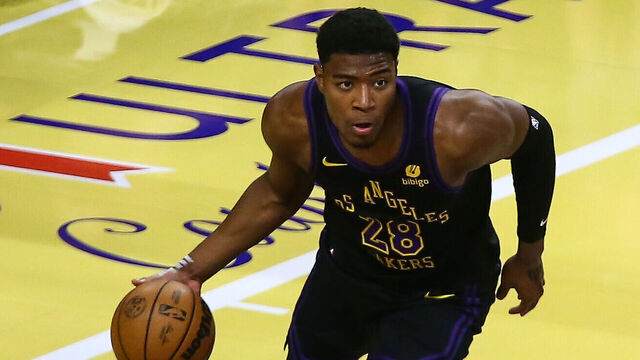LOS ANGELES, CA - NOVEMBER 21: Los Angeles Lakers forward Rui Hachimura (28) comes down with a rebound during the Utah Jazz vs Los Angeles Lakers game on November 21, 2023, at Crypto.com Arena in Los Angeles, CA.