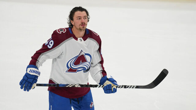 ELMONT, NY - OCTOBER 24: Colorado Avalanche Defenseman Samuel Girard (49) prior to the National Hockey League game between the Colorado Avalanche and the New York Islanders on October 24, 2023, at UBS Arena in Elmont, NY.