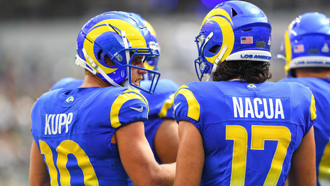 INGLEWOOD, CA - OCTOBER 08: Los Angeles Rams wide receiver Cooper Kupp (10) and Los Angeles Rams wide receiver Puka Nacua (17) look on during the NFL game between the Philadelphia Eagles and the Los Angeles Rams on October 8, 2023, at SoFi Stadium in Inglewood, CA.