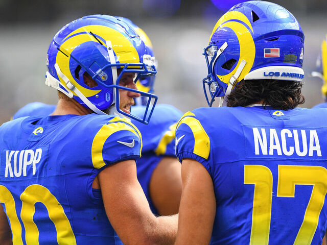 INGLEWOOD, CA - OCTOBER 08: Los Angeles Rams wide receiver Cooper Kupp (10) and Los Angeles Rams wide receiver Puka Nacua (17) look on during the NFL game between the Philadelphia Eagles and the Los Angeles Rams on October 8, 2023, at SoFi Stadium in Inglewood, CA.
